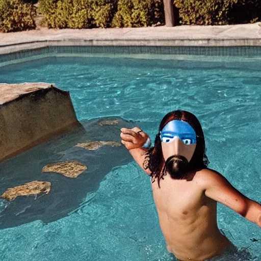 Prompt: jesus on his cross with a mask and snorkel swimming in a pool with water up to his waist