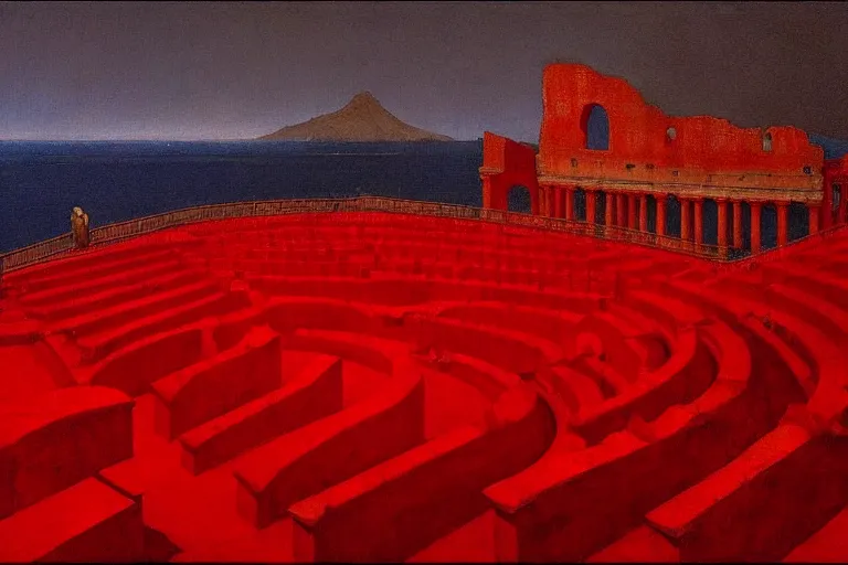 Image similar to only with red, a red great emperor, taormina amphitheatre, expressive crowd hails him, in the style of beksinski, parts by edward hopper, parts by rodcenko, parts by yue minjun, intricate and epic composition, red by caravaggio, insanely quality, highly detailed, masterpiece, red light, artstation, 4 k