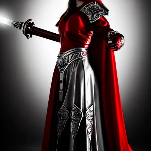 Image similar to a beautiful woman in a crimson cloak holding a glowing white spear and an obsidian shield, silver intricate armor, spotlight, ornate, realistic, cinematic lighting, sunbeams, volumetric lighting, epic pose, victorian, opulent 4 k