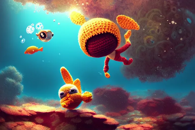 Prompt: a baby crochetbunny diving underwater. cute, illustration, digital art, inspired by little big planet, by greg rutkowski, sharp, masterpiece, highly detailed, photorealistic, octane render, 8 k, unreal engine 5, trending on artstation, vivid colors