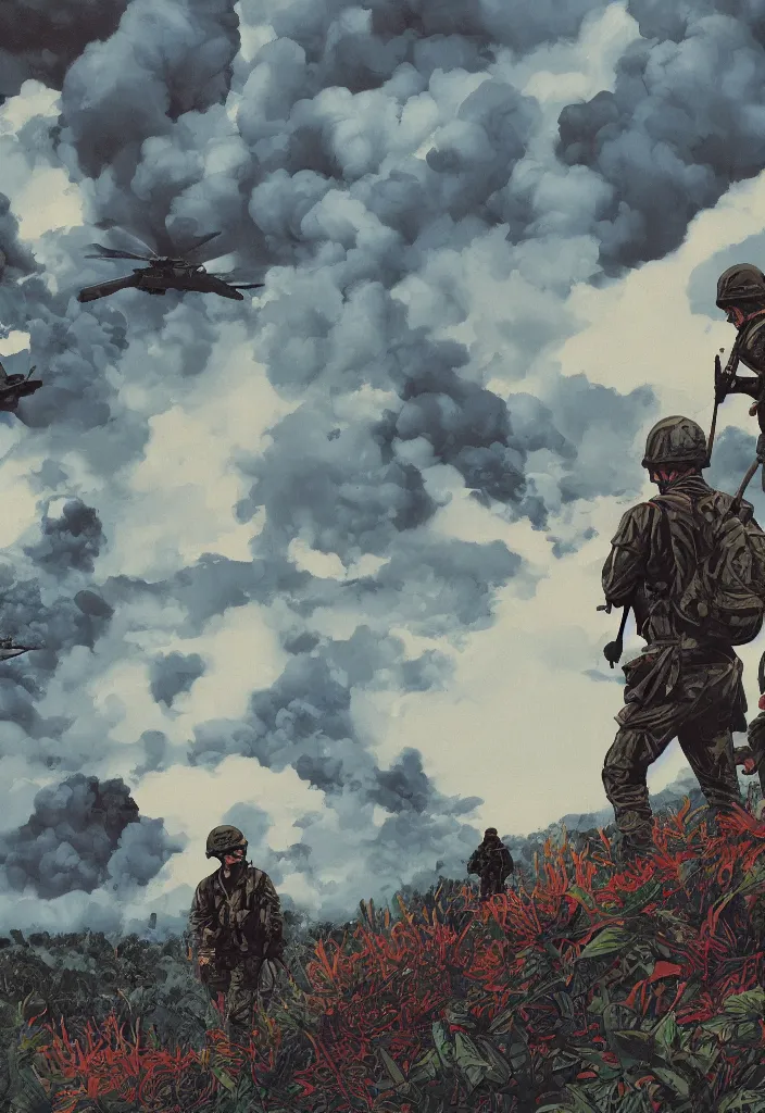 Image similar to handmade colorful illustration of an epic Vietnam War scene with a very few american soldiers walking, one american soldier at the forefront staring at the jungle, blue sky with beautiful clouds, some fire with columns of grey smoke, line art, heavy brushstrokes, oil on canvas by Kilian Eng and by Jake Parker, winning-award masterpiece, fantastic, octane render, 8K HD Resolution, High quality image