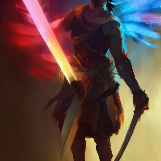 Prompt: anime warrior holding a powerful weapon, dramatic colorful lighting, trending on art station, image of the day, greg rutkowski