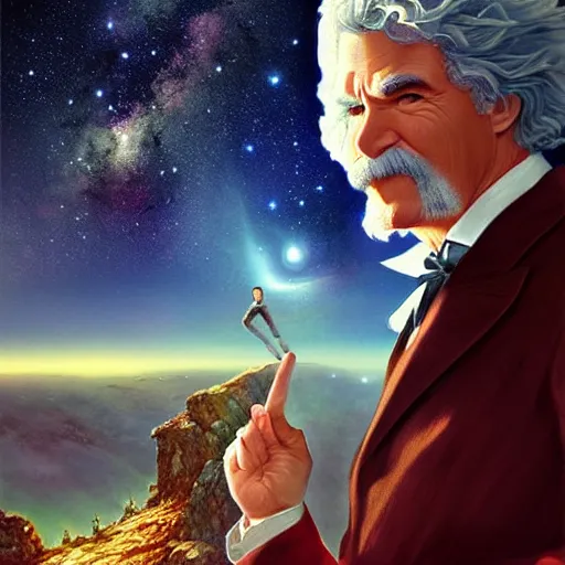 Image similar to mark twain stands at the edge of the universe, artgerm