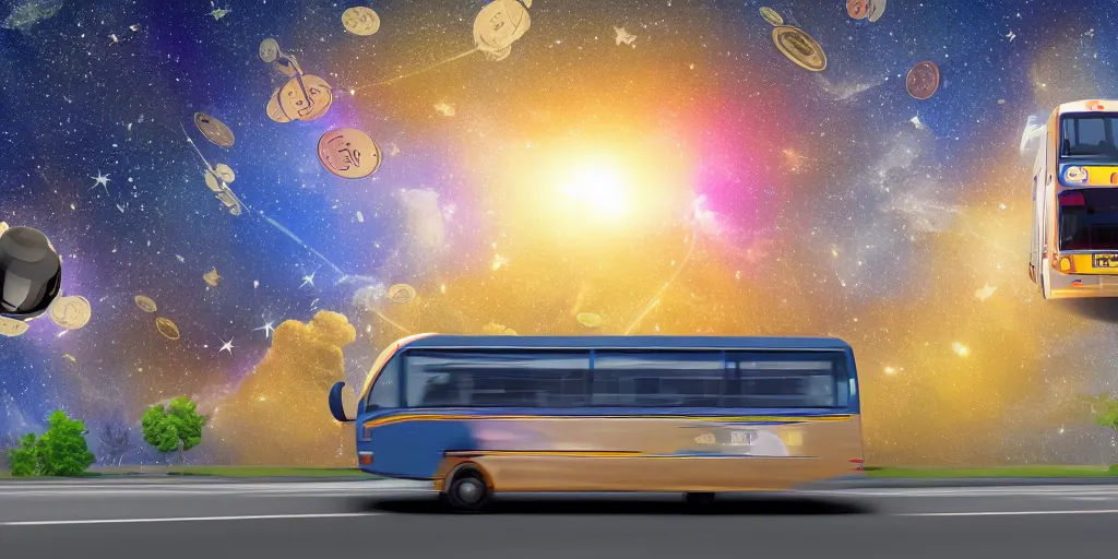 Image similar to a bus driving in outer space with money flying out of the bus windows. illustrated, high resolution 4k