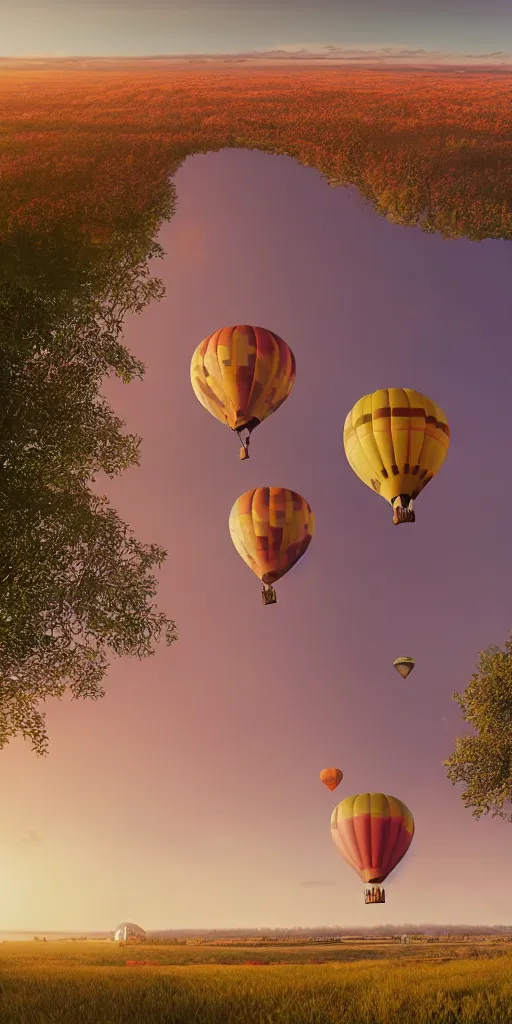 Prompt: elevated view of hot air balloon in flight, rule of thirds, rural setting in distance, sunset (pink orange grey), golden hour, Photorealistic, establishing shot, cinematic lighting, , dramatic lighting, atmospheric, realistic, octane render, highly detailed, color graded, matte painting in the style of simon stalenhag