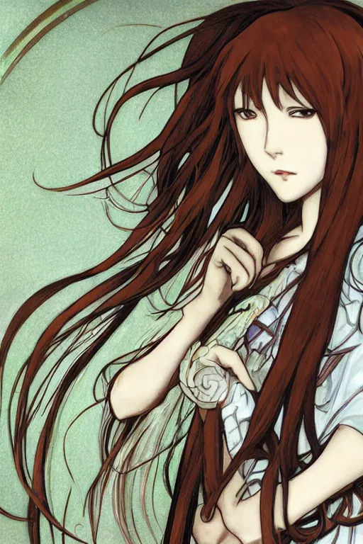 Prompt: Tonemapping Kurisu Makise in the style of Ayami Kojima and Alphonse Mucha