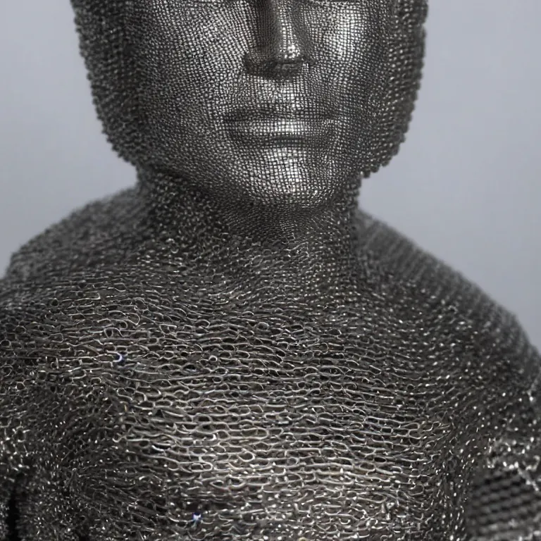 Image similar to studio photograph of accurate portrait sculpture of tom cruise, beautiful symmetrical!! face accurate face detailed face realistic proportions, made of chain mail and plate armor on a pedestal by ron mueck and frank frazzetta, cinematic lighting shocking detail 8 k