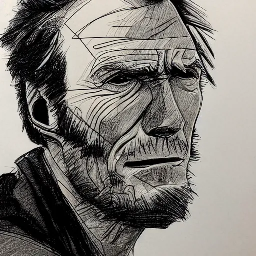 Prompt: a realistic yet scraggly portrait sketch of the side profile of a stern and sophisticated clint eastwood, trending on artstation, intricate details, in the style of frank auerbach, in the style of sergio aragones, in the style of martin ansin, in the style of david aja, in the style of mattias adolfsson