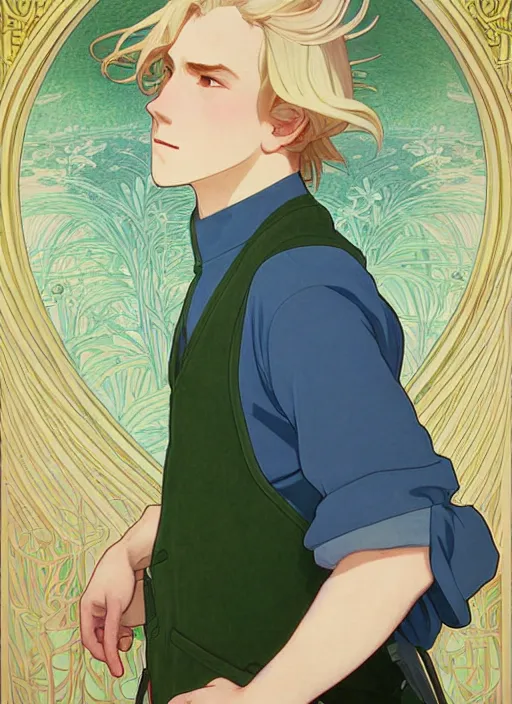 Image similar to pretty young man with shoulder length blond hair, male, half body shot, path traced, highly detailed, high quality, digital painting, by studio ghibli and alphonse mucha, leesha hannigan, hidari, art nouveau, chiho aoshima