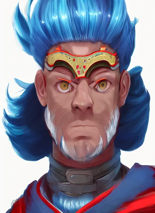 Image similar to a portrait of General Franky as a real man, wearing a traditional Japan dress, very muscular, blue hair, handsome chad chin, glowing red laser eye, intricate, highly detailed, digital painting, artstation, concept art, smooth, sharp focus, illustration, matte painting