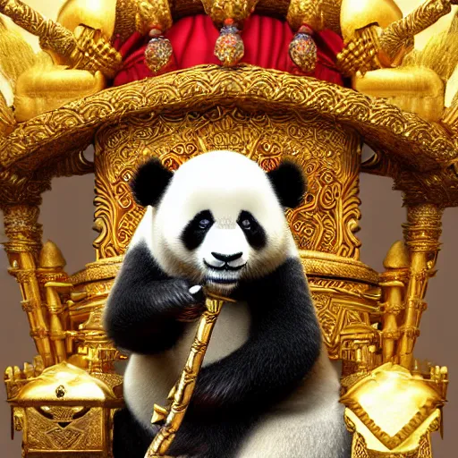 Image similar to panda king on a gilded throne, raising a staff encrusted with jewels, jungle scene, octane render, by tokaido