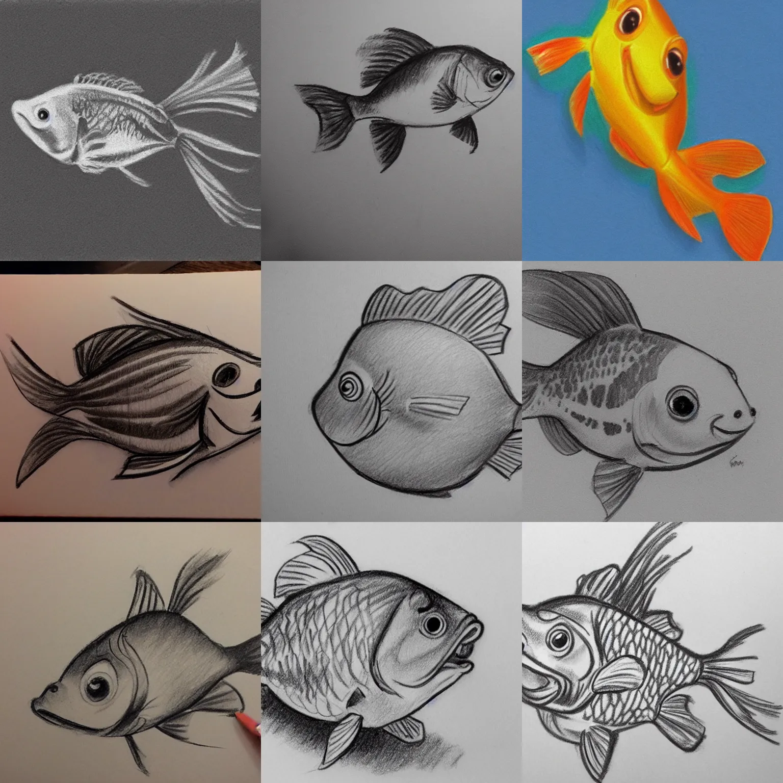 Prompt: disney pencil sketch of a goldfish