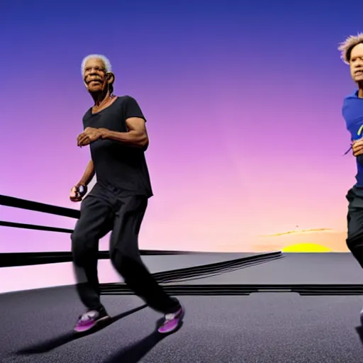 Prompt: morgan freeman and johnny depp running on a treadmill on a tropical island purple with a sunset, 4k hyperrealistic