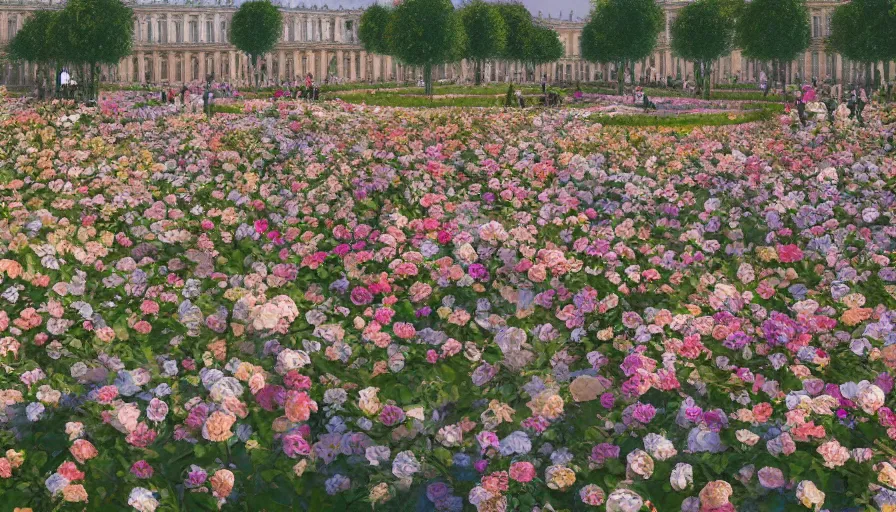 Prompt: palace of versailles covered by flowers, sunny day, crowd, hyperdetailed, artstation, cgsociety, 8 k