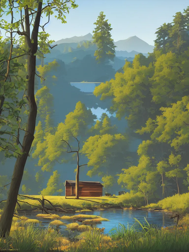 Prompt: an old wooden hikers shack in the woods next to a beautiful medium sized lake, early morning light, spring, 1 0 sparrows flying in the sky, painting by kenton nelson