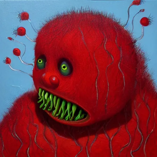 Prompt: a creep strawberey creature, oil in canvas,