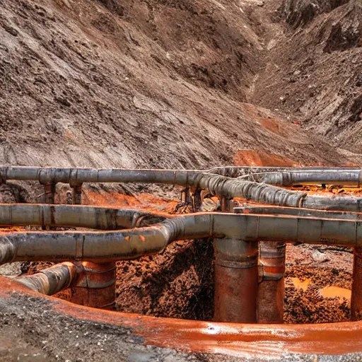 Image similar to underground copper mine, flooded, dirty water, rusty pipes