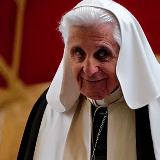 Image similar to pope benedict wearing sith cloak as chancelor palpatine in star wars episode 3, 8 k resolution, cinematic lighting, anatomically correct