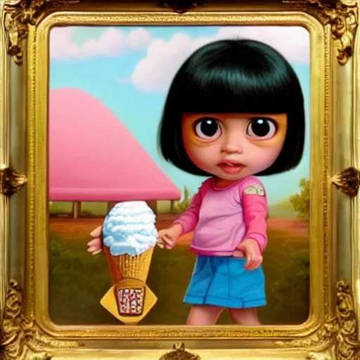 Image similar to dora the explorer as real girl holding ice cream, in lowbrow style, Pop Surrealism oil painting by Mark Ryden and Todd Schorr