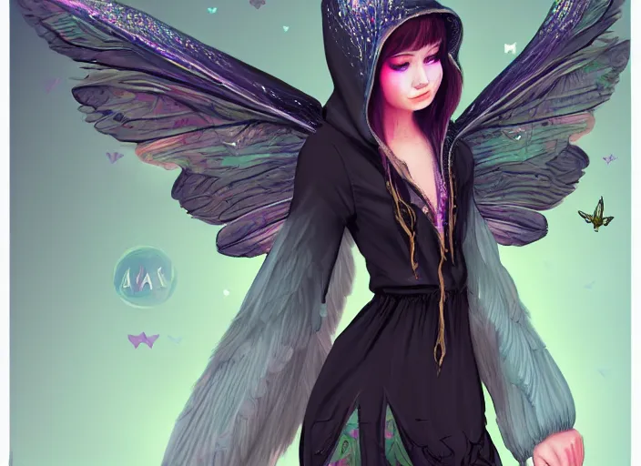 Image similar to a fairy with big wings wearing a hoodie, street fashion outfit, haute couture fashion shoot, fairy, d & d, fantasy sticker illustration, artstation