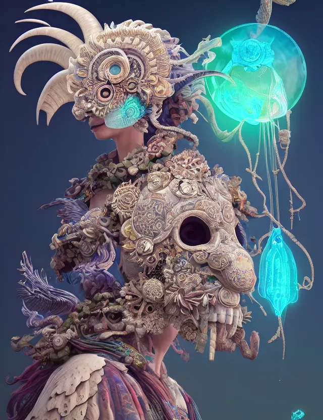 Image similar to 3 d goddess close - up profile solarpunk portrait ram skull. beautiful intricately detailed japanese crow kitsune mask and clasical japanese kimono. betta fish, jellyfish phoenix, bio luminescent, plasma, ice, water, wind, creature, artwork by tooth wu and wlop and beeple and greg rutkowski