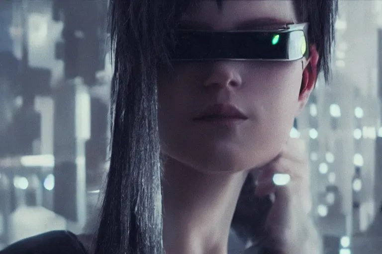 Prompt: closeup young trained female cyberpunk assassin, sunglasses, died hair, shag cut by emmanuel lubezki