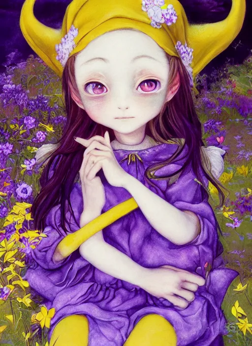 Image similar to little elf girl, santa claus suit, soft hair. light color palate, purple, yellow and white. detailed soft painting, ayami kojima, made in abyss, anatomically correct, inspired in balthus, high detailed face anime, vogue magazine, glorious composition, mobile wallpaper