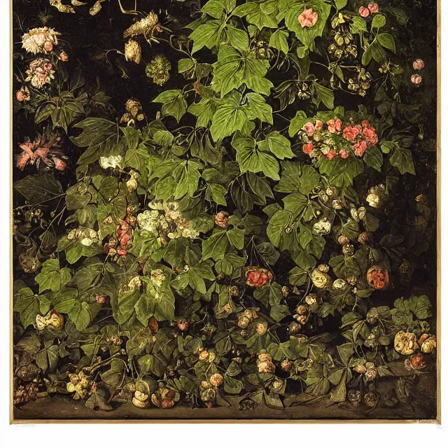 Image similar to a painting of ivy in a garden at night, black background, a flemish baroque by jan van kessel the younger, intricate high detail masterpiece