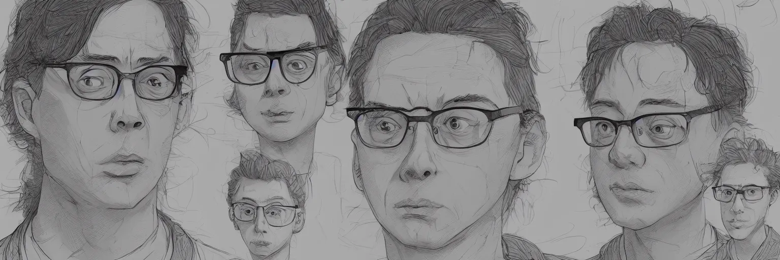 Prompt: character faces, realistic todd solondz walking, clear todd solondz face, glasses, geek, character sheet, fine details, concept design, contrast, kim jung gi, greg rutkowski and francis bacon, trending on artstation, 8 k, emotional, face turnaround, front view, back view, side view, ultra wide angle