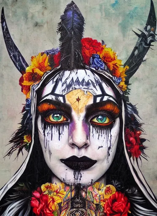 Prompt: tripping cult magic psychic woman, subjective consciousness psychedelic, epic occult ritual symbolism story iconic, dark witch headdress, oil painting, robe, symmetrical face, greek dark myth, by Sandra Chevrier, masterpiece