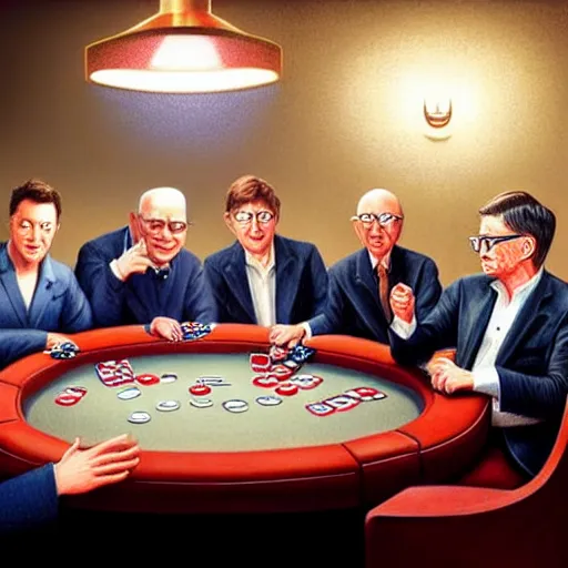 Image similar to UHD photorealistic Elon Musk playing poker with Satoshi Nakamoto, Klaus Schwab, and Bill Gates, hyperrealistic, correct details, studio lighting, symmetrical faces, accurate faces, by Greg Rutkowski