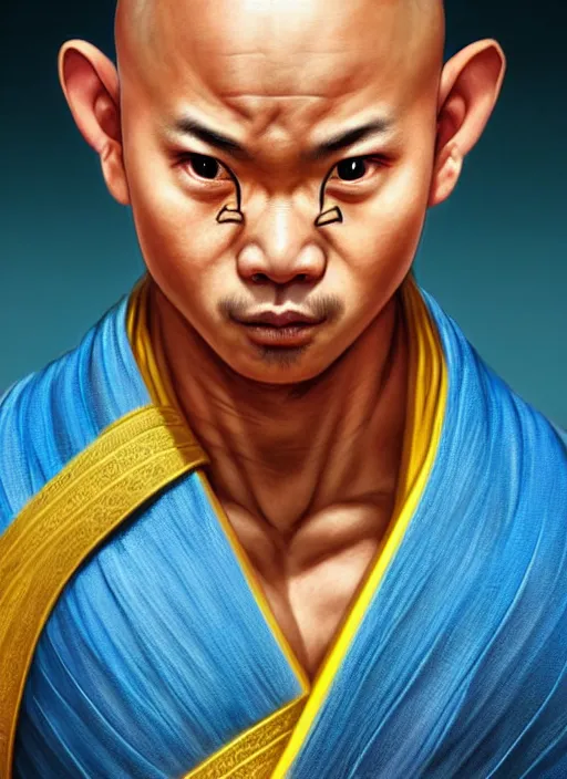 Prompt: male shaolin monk with a pigtail!!!! asian facial features and blue eyes!! intricate ornate blue robes!! character concept art, sharp focus, octane render! unreal engine 5! highly rendered!! trending on artstation!! detailed linework!! illustration by artgerm, wlop, and chie yoshii