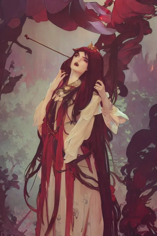 Prompt: poster artwork, girl bard in blood dress, medium shot, details, sharp focus, illustration, by jordan grimmer and alphonse mucha and greg rutkowski and pine ( ハイネ ) and 薯 子 imoko and 香
