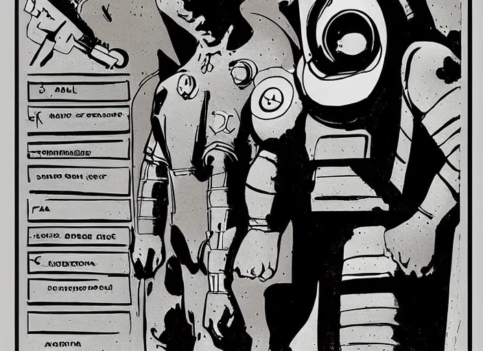 Image similar to male, heroic figure, space suit, science fiction, sketch, character sheet, very stylized, upa style, digital art, illustration, pen and ink, by mike mignola, by alex maleev