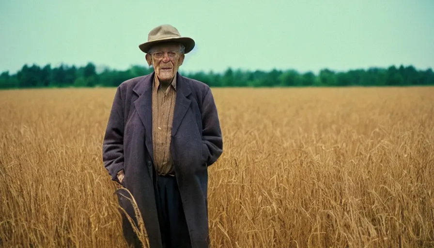 Prompt: cinematic movie still of an old man in a northwest new jersey in field, cinestill 8 0 0 t 3 5 mm eastmancolor, heavy grain, high quality, high detail, golden hour, warm light