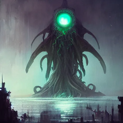 Prompt: cthulhu of your nightmares, towering over you with glowing eyes, water dripping, highly detailed concept art painting, digital art, trending on arstation, by greg rutkowski and ismail inceoglu and midjourney