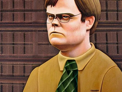 Image similar to grant wood mural of dwight schrute on his beet farm. dwight is wearing a yellow shirt and a brown striped tie