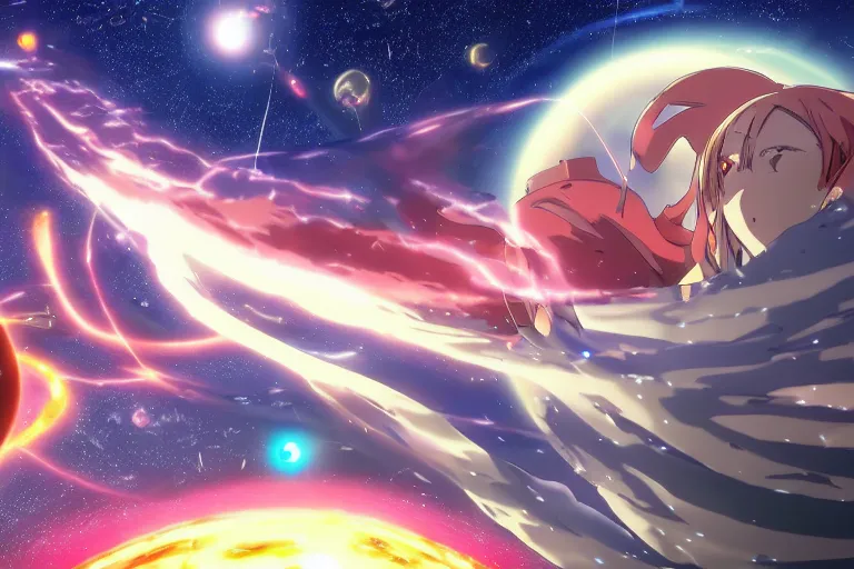 Image similar to Tonemapped Anime character splitting a gas giant in half like Moses with the Red Sea, while a pack of Space whales fly through an interdimensional rift! in the background by (Hiromu Arakawa), Makoto Shinkai and (Cain Kuga)