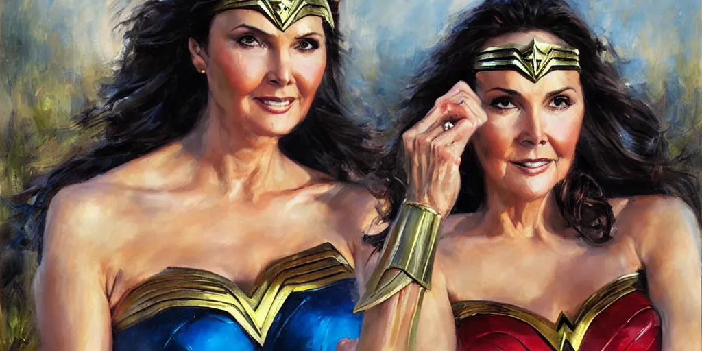 Prompt: portrait of Lynda Carter as Wonder Woman in the morning sun, Danile Gerhartz, oil painting