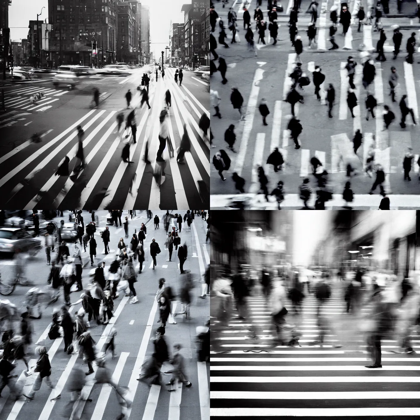 Prompt: hundred of people walking a crosswalk in a city by richard avedon. street photography. black and white. ilford delta. long exposure. motion blur. film grain. contrast.