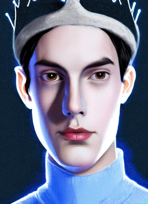 Image similar to portrait of teenage jughead jones wearing a light grey crown, crown, blue turtleneck, 1 9 5 0 s, closed eyes, photorealistic, black hair, glowing lighting, intricate, elegant, glowing lights, highly detailed, digital painting, artstation, concept art, smooth, sharp focus, illustration, art by wlop, mars ravelo and greg rutkowski