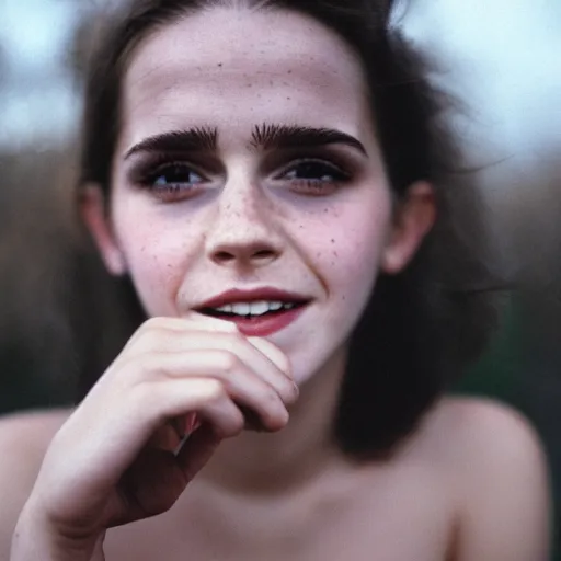 Prompt: portrait close up, emma watson skinny malnourished redneck, smiling, jug of whiskey, 2 6 mm, kodak gold 2 0 0,