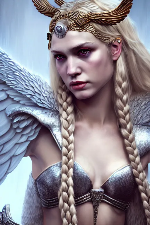 Prompt: artistic portrait of a valkyrie with white feathered wings, wearing chainmail lingerie and long flowing robes, perfect fit body, long blonde braided hair, beautiful eyes and lips, art by waterhouse, highly detailed, trending on artstation, octane render, concept art, sharp focus, illustration, masterpiece