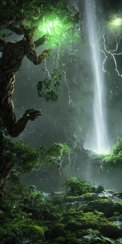 Prompt: photorealistic full shot of Groot under waterfall at moonlight, snowing, lightning bolt, green color palette, high detail, unreal engine 4k volumetric light, fog,