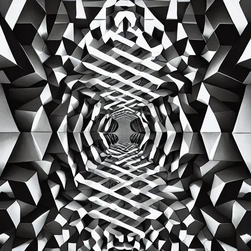 Image similar to crystal labyrinth beyond possibility of imagining, inhabited on many levels by Maurits Cornelis Escher, shining light, clear geometry, architecture, Award winning. Masterpiece, detailed illustration