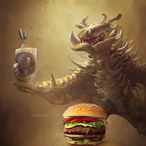 Image similar to fast food monster by jean - baptiste monge, high quality, high resolution, 4 k, painted by cgsociety, rutkowski, gurney