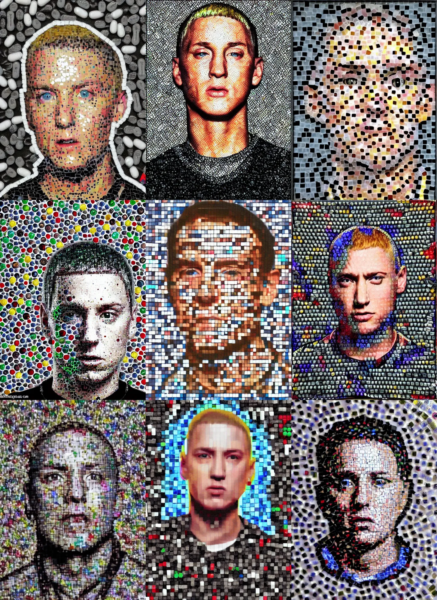 Prompt: mosaic of eminem made using pills, high quality