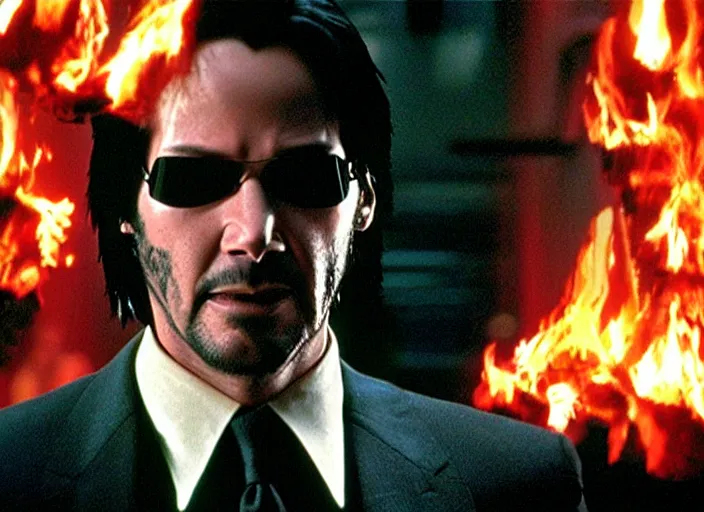 Image similar to Movie still of Keanu Reeves as Neo in The Matrix movie doing a thumb up to the camera in front on burning servers, servers in flames in the background, doing a thumb up, The Matrix servers on fire, uncropped, full body, crispy, symmetrical face, ultra detailed, cinematic, thumb up, double thumb up to the camera