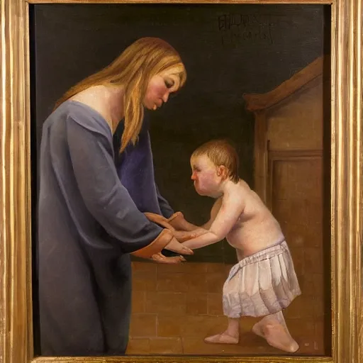 Image similar to a child being baptised, oil painting