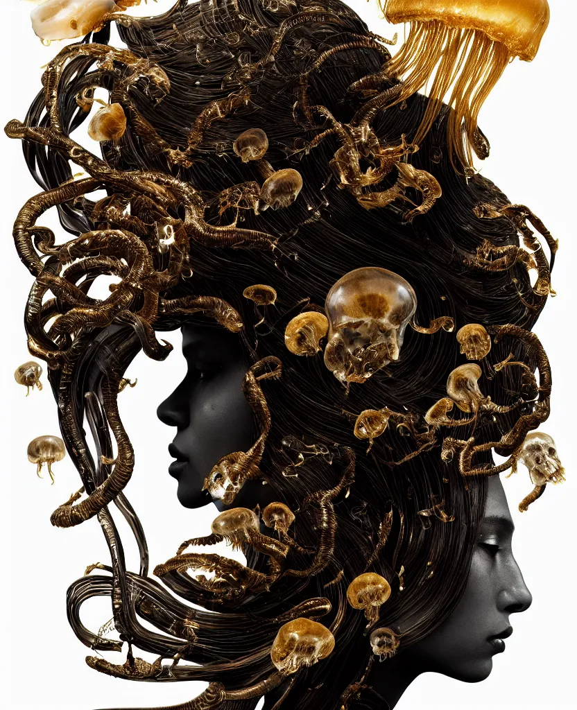 Image similar to black background. goddess princess face close-up portrait ram skull. sculpture made of gold and brilliants. jellyfish phoenix head, nautilus, orchid, skull, betta fish, bioluminiscent creatures, intricate artwork by Tooth Wu and wlop and beeple. octane render, trending on artstation, greg rutkowski very coherent symmetrical artwork. cinematic, hyper realism, high detail, octane render, 8k